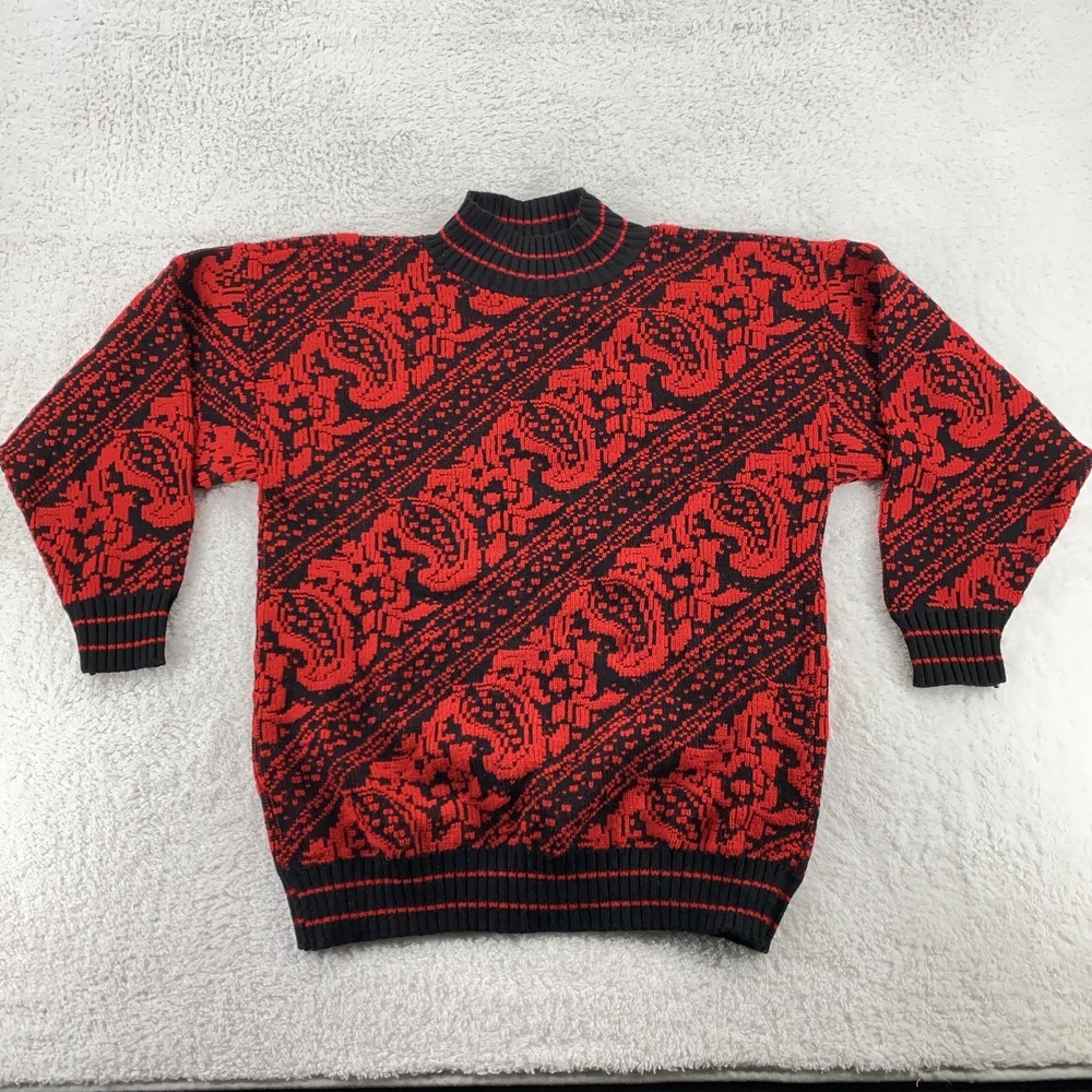 Vintage Rose Sweater Small Paisley Thick Ribbed Mock Neck Knit Pullover USA‎ 80s